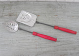 Vintage Childrens Red Handled Toy Utensils Spatula and Spoon