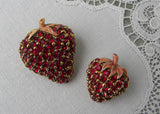 Pair of Ciner Vintage Red Rhinestone Strawberries Strawberry Pins