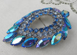 Vintage Sarah Coventry Blue Shaded Rhinestones Leaf Brooch