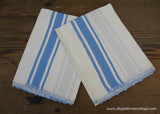 Pair of Unused Vintage Linen Blue Striped Crocheted Trim Tea Towels