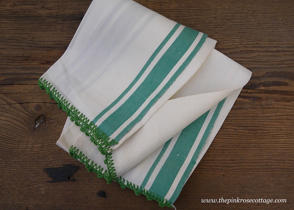 Unused Vintage Linen Green and White Kitchen Tea Towel with Crocheted