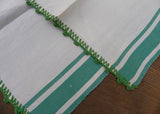 Unused Vintage Linen Green and White Kitchen Tea Towel with Crocheted Edge