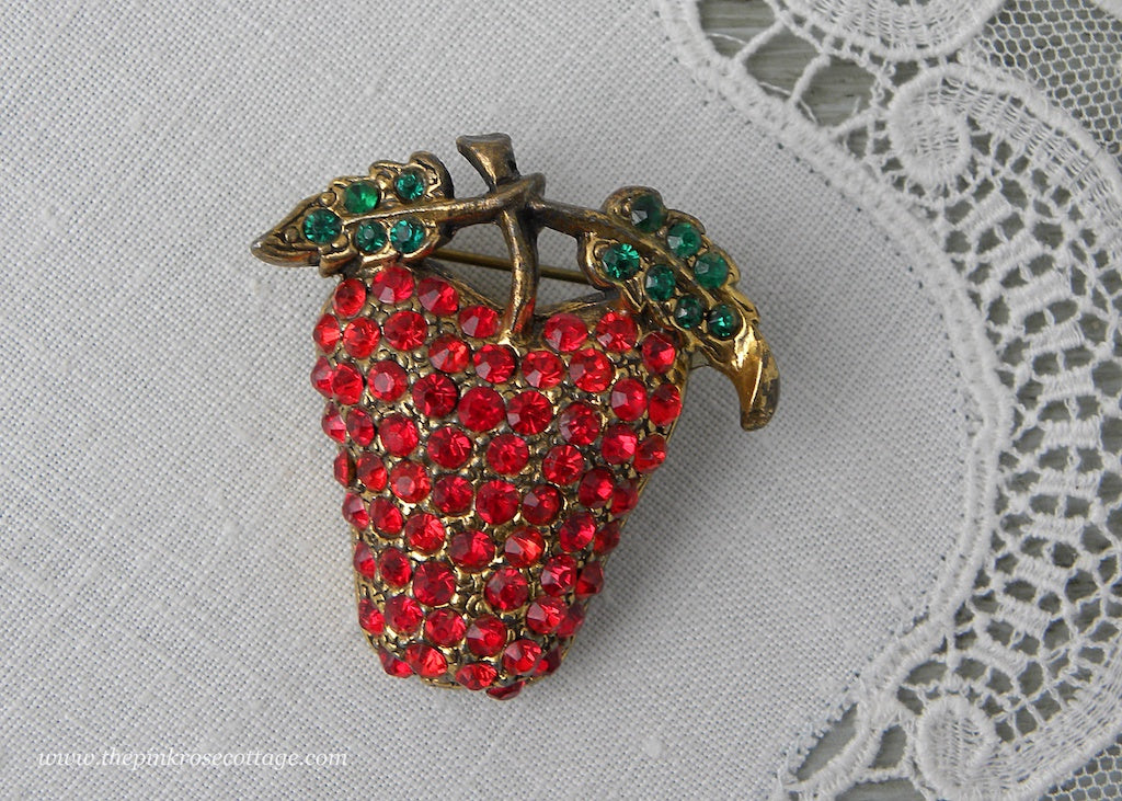 Vintage Red Rhinestone Apple Pin Brooch