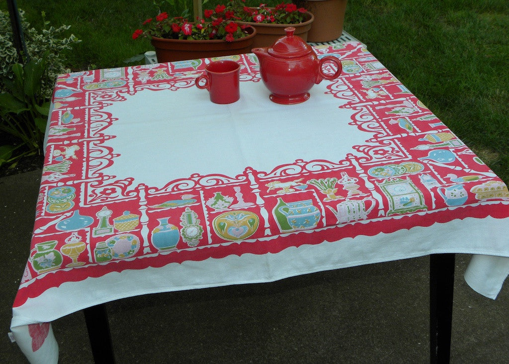 Vintage Americana Whimsical  Antique Kitchen Tablecloth - The Pink Rose Cottage 