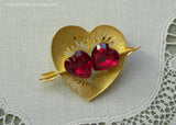 Vintage JJ Red Rhinestone Hearts Valentines Brooch Pin