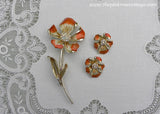 Vintage BSK Rhinestone Enameled Clematis Flower Brooch Earrings Set