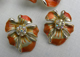 Vintage BSK Rhinestone Enameled Clematis Flower Brooch Earrings Set