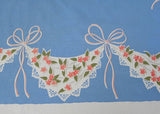 Vintage Tablecloth with Bridal Bouquets and Handkerchief Pink Violets Swag on Blue