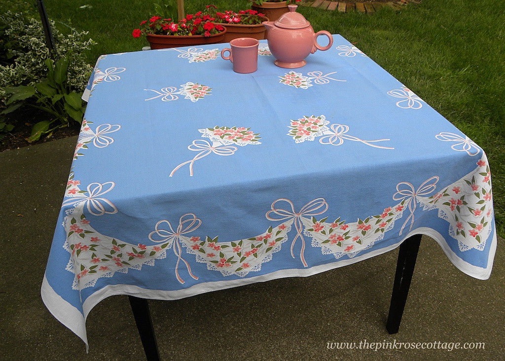 Vintage Tablecloth with Bridal Bouquets and Handkerchief Pink Violets Swag on Blue