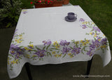 Large Vintage Linen Tablecloth with Exotic Purple and Yellow Orchids - The Pink Rose Cottage 