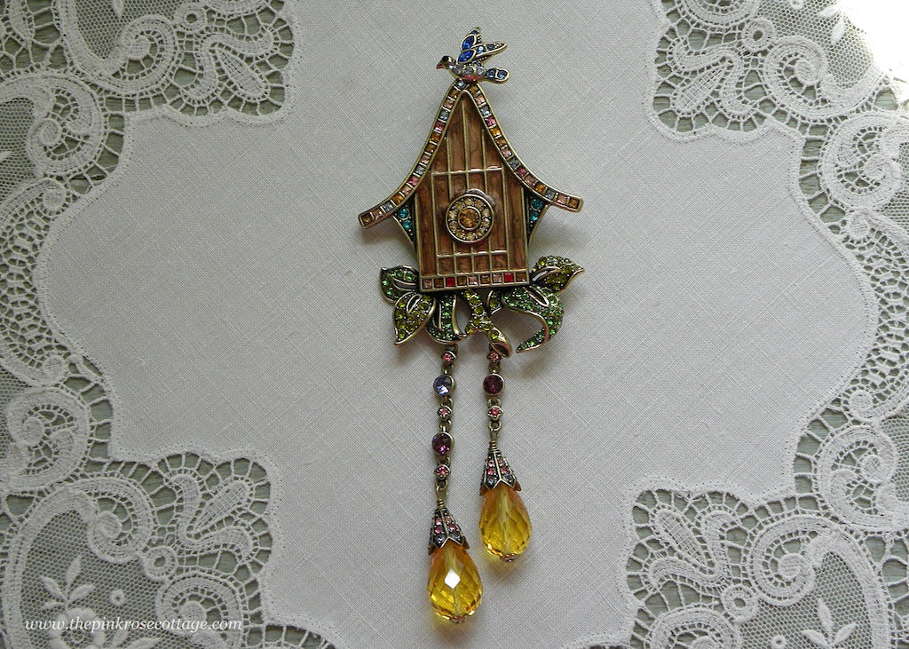 Heidi Daus Cuckoo For You Enameled Bird and Clock Pin with Dangles