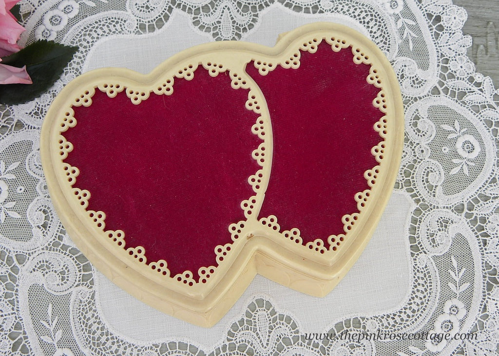 Vintage Double Red Velvet Heart Jewelry Presentation Box