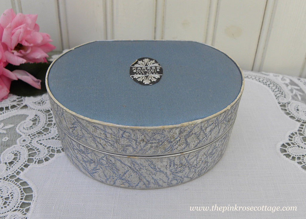 Unused Vintage Bourjois Karess Powder Box Blue and Silver - The Pink Rose Cottage 
