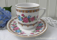 Vintage Pink and  Blue Roses Demitasse Teacup and Saucer