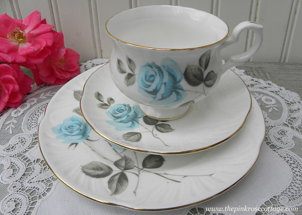 Vintage Crown Staffordshire Blue Roses Teacup Saucer and Dessert Plate