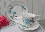 Vintage Crown Staffordshire Blue Roses Teacup Saucer and Dessert Plate