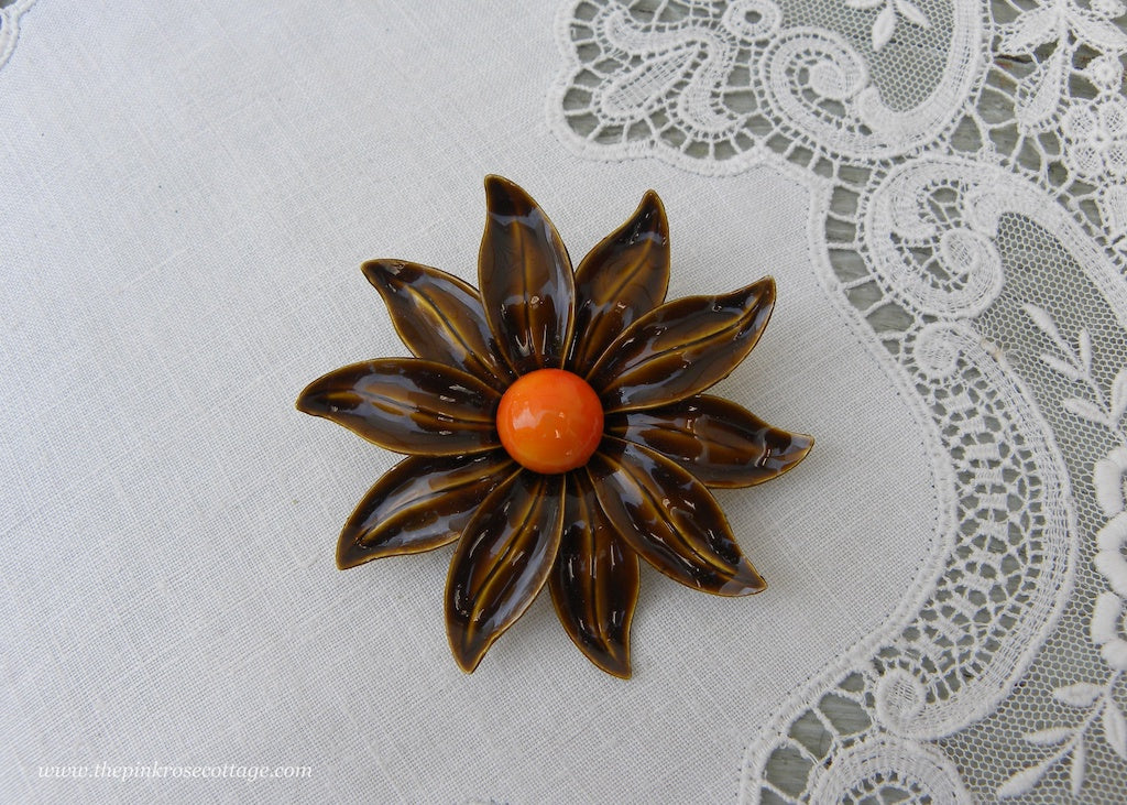 Vintage Enameled Brown and Orange Daisy Pin Brooch