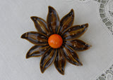 Vintage Enameled Brown and Orange Daisy Pin Brooch