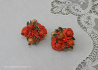 Vintage Enameled Coral Roses with Rhinestones and Pearls Earrings