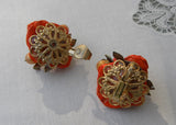 Vintage Enameled Coral Roses with Rhinestones and Pearls Earrings