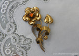 Vintage Gold Tone Flower Pin with Amber Rhinestone Brooch