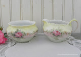 Antique Hand Painted Pink Rose Sugar and Creamer Set
