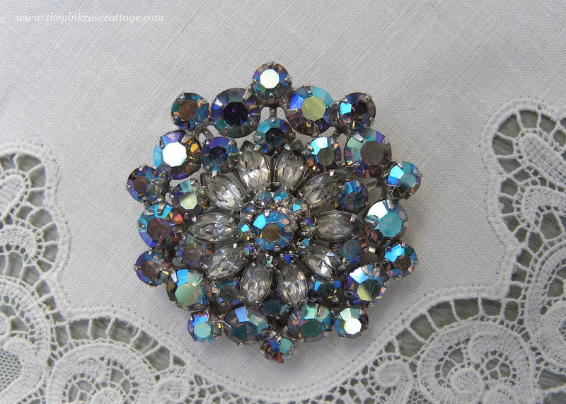 Dragonfly Crystal Brooch Pin - Silvery Tone With Pink & Aurora Borealis Rhinestones