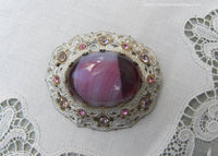 Vintage West Germany Pink and Purple Porphyry Glass and Rhinestone Filagree Brooch