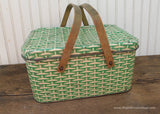 Vintage Tin Picnic Basket with Green and Cream Basketweave