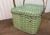 Vintage Tin Picnic Basket with Green and Cream Basketweave