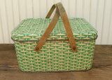 Vintage Tin Picnic Basket with Green and Cream Basketweave