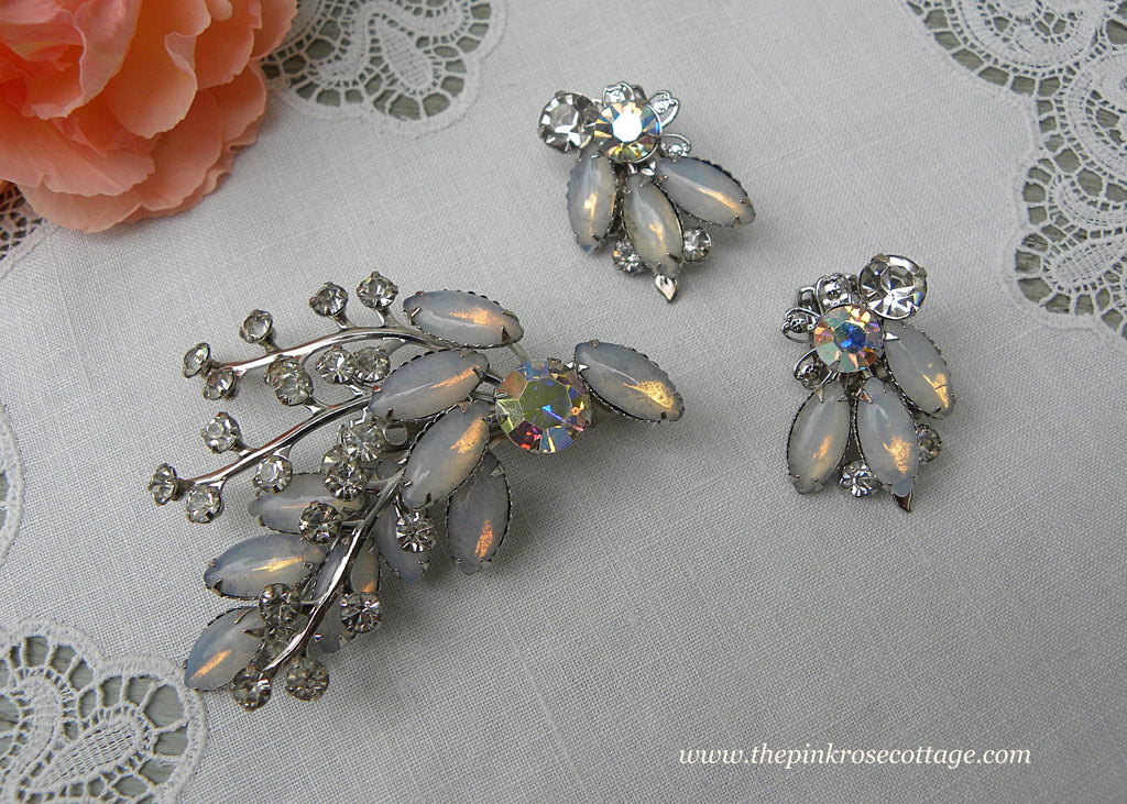 Vintage Opal and Clear Rhinestone Pin and Earring Set