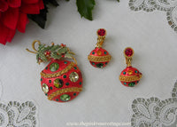 Vintage Weiss Enamel and Rhinestone Christmas Ornament Pin and Earrings Set