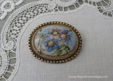 Vintage Hand Painted Pink and Blue Forget Me Not Brooch Pin
