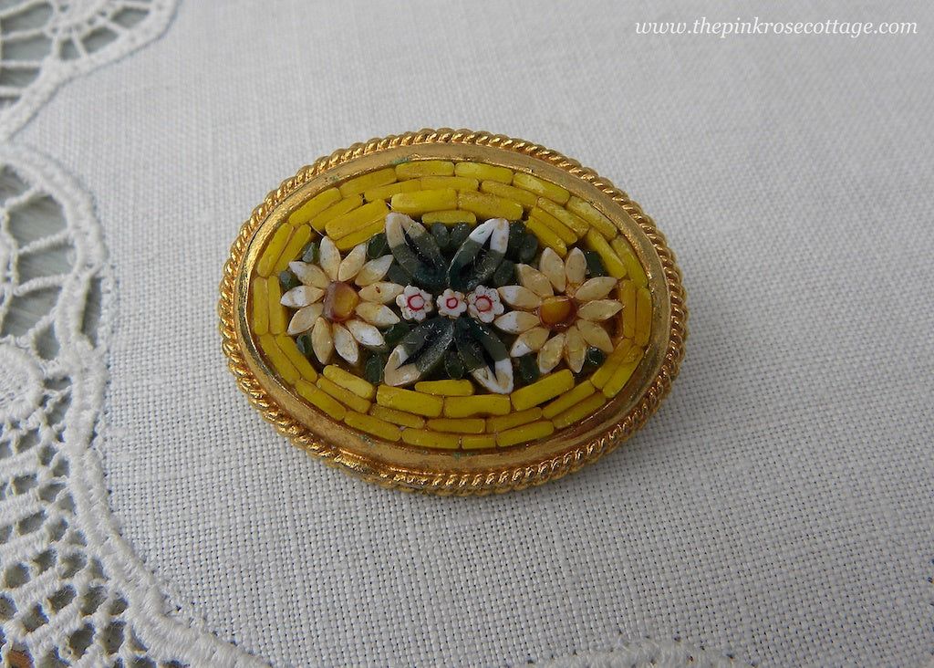 Vintage Sunflower Micro Mosaic Brooch Pin Italy