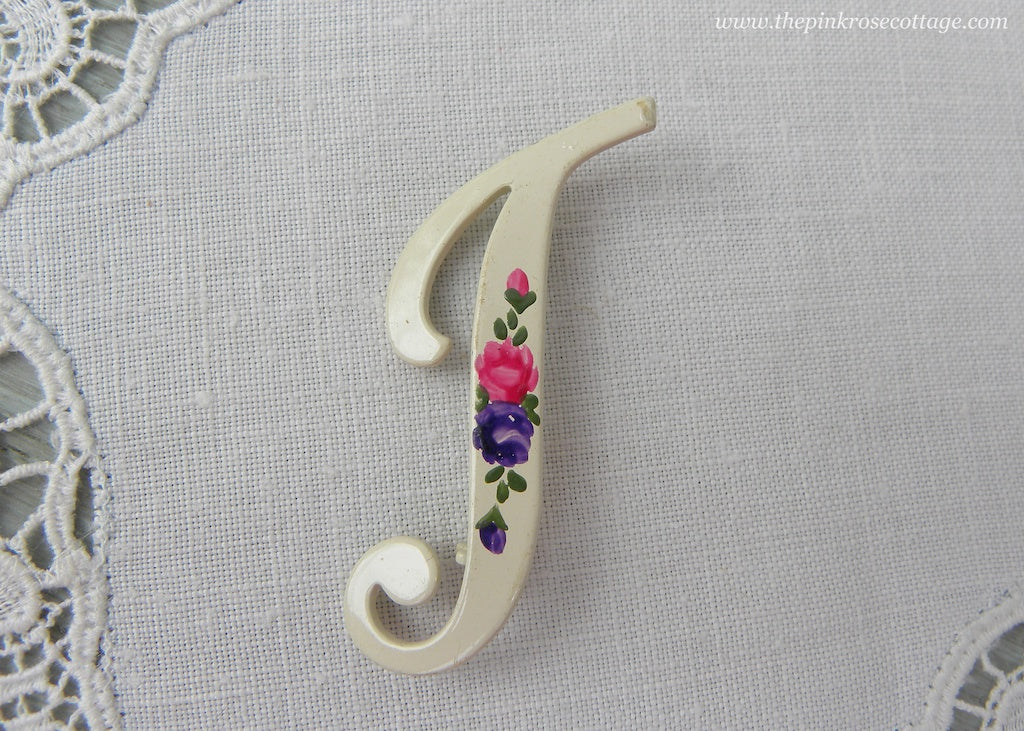 Vintage Enameled Letter T or J Pin Hand Painted Purple and Pink Roses