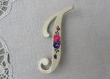 Vintage Enameled Letter T or J Pin Hand Painted Purple and Pink Roses