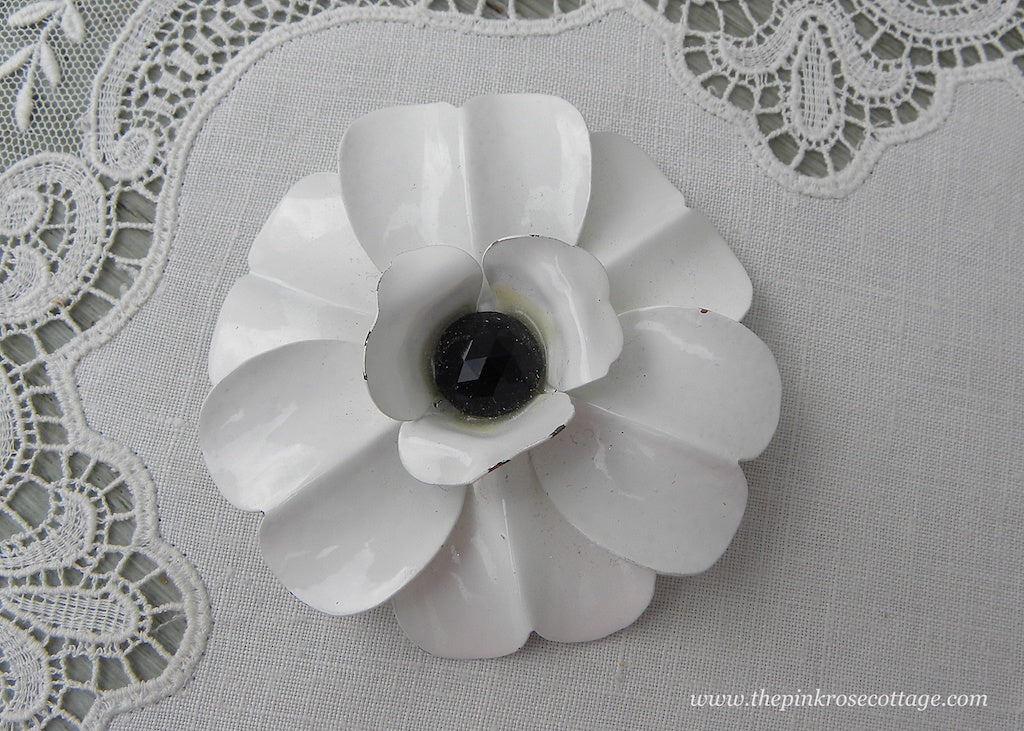 Vintage Enameled Black and White Flower Pin Brooch