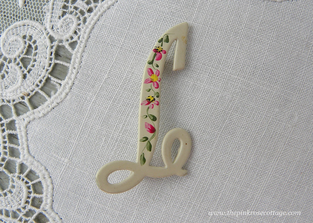 Vintage Enameled Letter L Pin with Hand Painted Pink Daisies