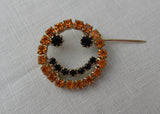 Vintage Orange Rhinestone Smiley Face Smile Pin