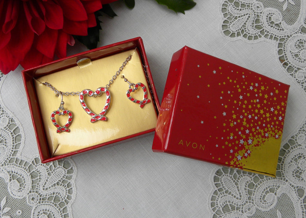 NIB Avon Candy Cane Heart Christmas Necklace and Earring Set - The Pink Rose Cottage 