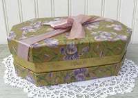 Antique Chocolates Easter Corsage Box with Irises and Purple Bow