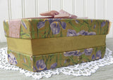 Antique Chocolates Easter Corsage Box with Irises and Purple Bow
