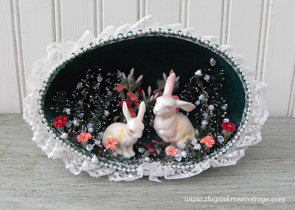 Large Vintage Handmade Easter Bunnies Diorama Decoration