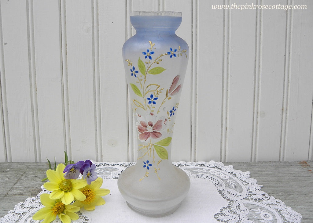 Antique Hand Painted Enameled Pink White and Blue Floral Vase - The Pink Rose Cottage 