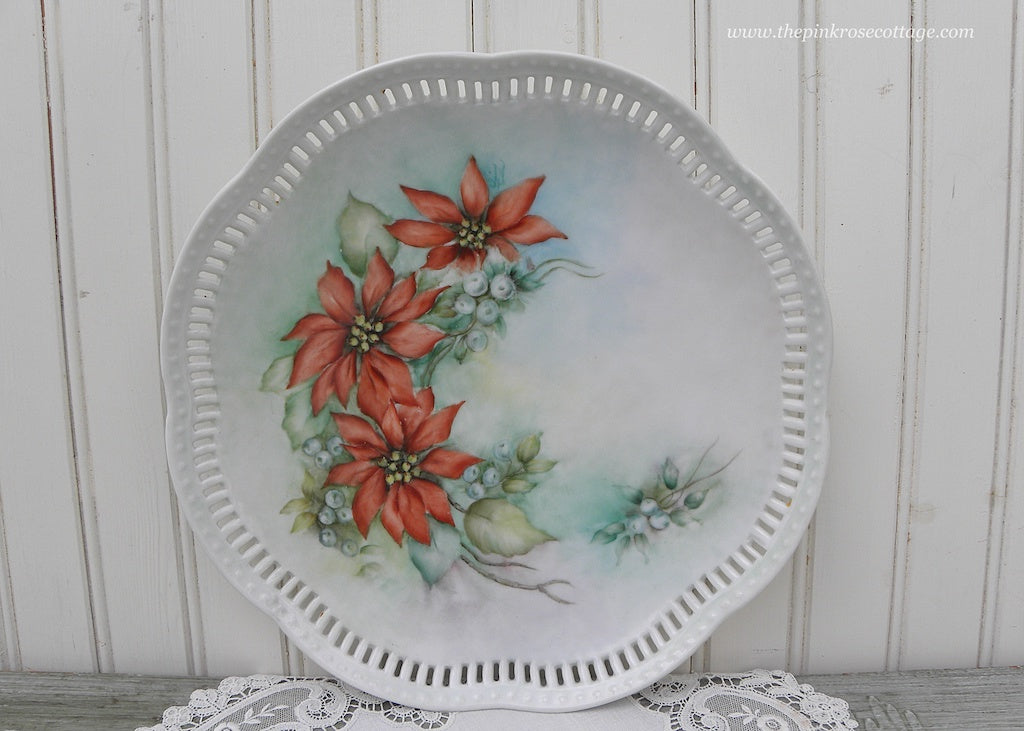 Vintage Hand Painted Poinsettia and Mistletoe Christmas Plate