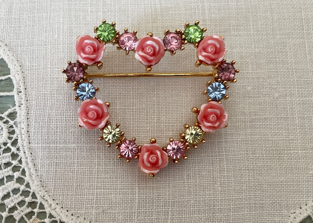 Vintage Avon Pink Rose and Rhinestone Valentines Heart Pin | The Pink ...