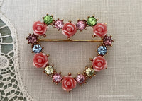 Vintage Avon Pink Rose and Rhinestone Valentines Heart Pin