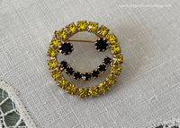 Vintage Bright Yellow Rhinestone Smiley Face Smile Pin