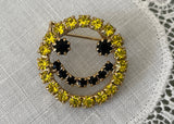 Vintage Bright Yellow Rhinestone Smiley Face Smile Pin
